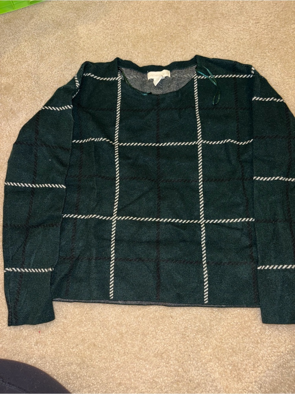 Cynthia Rowley Dark Green Windowpane Crewneck Sweater